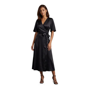 Laundry by Shelli Segal Black Satin Wrap Midi Dress Size 6 NWT